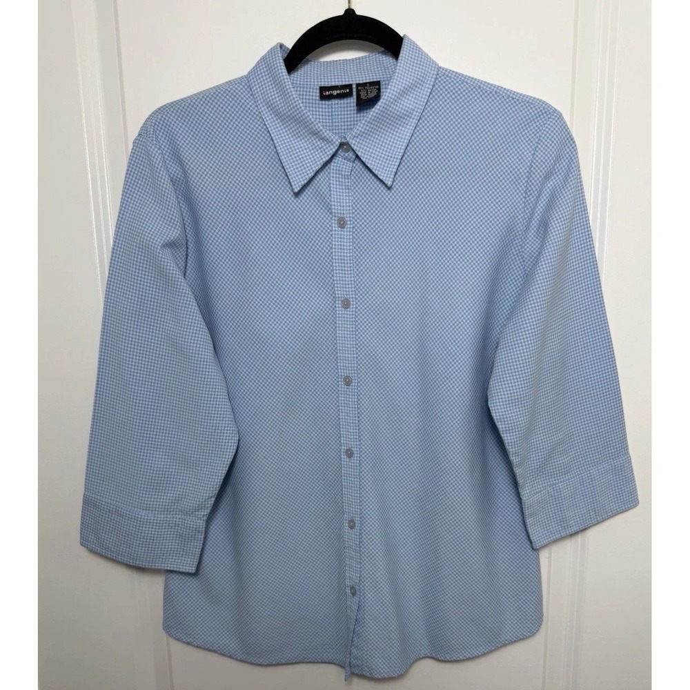 Y2K Vintage Tangents shirt Women large Blue gingham 3/4 Sleeves Button Up v-neck